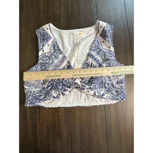 C&C California 100% Linen Top Womens Sz M Blue & White Crop Boho Coastal NWT - Picture 3 of 7